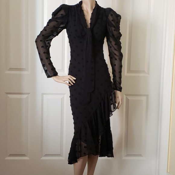 Topshop Textured Spot Midi Chiffon Dress Size 0 Black - Picture 3 of 11